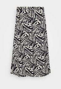 Svart-hvitt skjørt med et svirrende zebra mønster, med rett snitt og kant. Laget av et glatt, lett materiale.