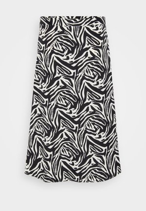 Jupe noir et blanc avec un motif de zèbre tourbillonnant, d'une coupe droite et d'un ourlet droit. Fabriquée à partir d'un tissu lisse et léger.