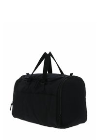 Sac de sport noir en tissu texturé. Comprend deux poignées et des fermetures éclair. Forme arrondie avec une poche avant pour un rangement supplémentaire.
