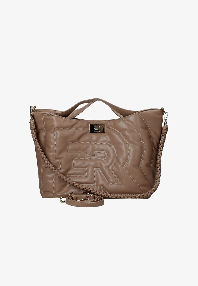 Borsa a tracolla in pelle tannata con logo impresso, manico intrecciato e tracolla rimovibile. Texture liscia con dettagli di cucitura a contrasto.