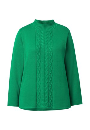 Grøn strikket sweater med høj krave, med et centralt kabelstrikket mønster og brede ærmer. Glat tekstur med ribkanter.