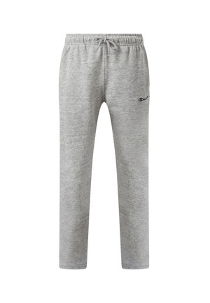 Hellgraue Sweatpants mit elastischem Bund, Kordelzug und kleinem Champion-Logo am linken Oberschenkel, vor weißem Hintergrund gezeigt.