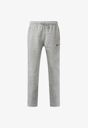 Pantalones deportivos gris claro con cintura elástica, cordón ajustable y pequeño logo de Champion en el muslo izquierdo, mostrados sobre un fondo blanco.