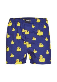 Blå boxershorts med ett mönster av gula gummiduckor, som har en elastisk midjeband och en lös passform. Inga ytterligare detaljer eller hårdvara.