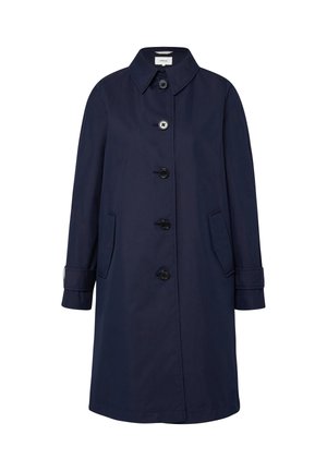 Granatowy, sięgający kolan płaszcz z długimi rękawami, zapinany na guziki, z dwoma bocznymi kieszeniami i prostym kołnierzem.