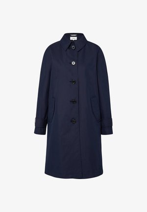 Marineblauwe knie-lange jas met lange mouwen, knoopsluiting, twee zijzakken en een platte kraag.