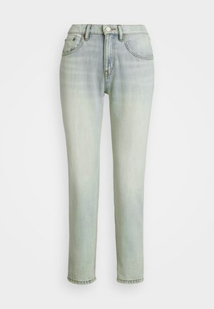 Light-wash denim jeans with a straight cut, five-pocket design, faded texture, and stitched accents along the waistband and hem.