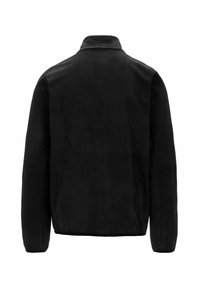 Giacca in pile nera con colletto a risvolto, maniche lunghe e una superficie liscia. La vista posteriore mostra un design semplice e privo di decorazioni.