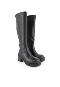 Botas negras hasta la rodilla, hechas de cuero suave, con cremallera lateral, tacón de plataforma grueso y diseño de puntera redonda.