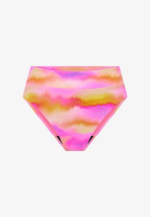 Bikinihose mit hohem Bund in lebendigem Aquarellmuster in Pink, Orange und Gelb, glattem Stoff und nahtlosem Bund.