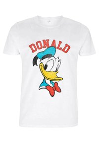 Biała bawełniana koszulka z graficznym nadrukiem Kaczora Donalda, z czerwonym napisem "DONALD" nad postacią, w niebiesko-czerwonych akcentach.