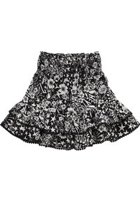 Mustavalkoinen röyhelöhame, jossa on kukka- ja tähtikuvioita, joustava vyötärö sekä teksturoitu kangas.