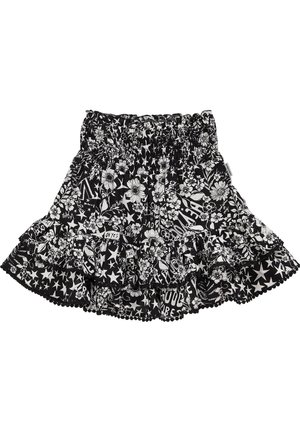 Schwarz-weißer, rüschiger Rock mit Blumen- und Sternmustern, ausgestattet mit einem elastischen Bund und strukturiertem Stoff.