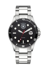 Edelstahlarmbanduhr mit schwarzem Zifferblatt, leuchtenden Indizes und Datumsanzeige bei 3 Uhr. Rote Sekundenzeiger, einseitig drehbare Lünette und Saphirglas.