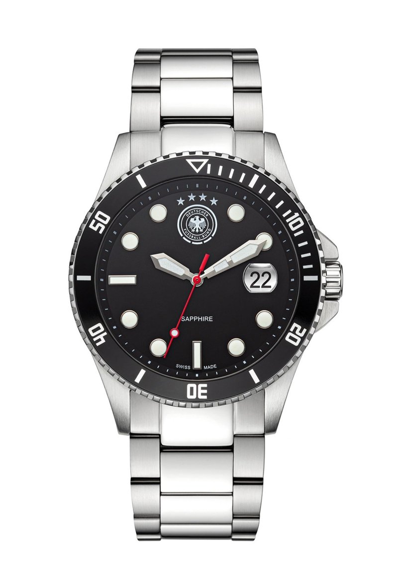 Edelstahlarmbanduhr mit schwarzem Zifferblatt, leuchtenden Indizes und Datumsanzeige bei 3 Uhr. Rote Sekundenzeiger, einseitig drehbare Lünette und Saphirglas.