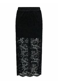 Must pitsist elastse vööosaga seelik, millel on lillemuster ja laineline äär. Alumine pool poolläbipaistev.