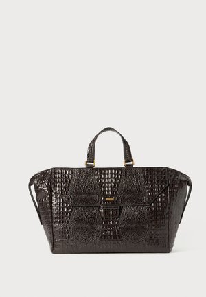 Crocodile-embossed black handbag with dual handles, structured shape, gold hardware accents, and a front pocket for additional storage.