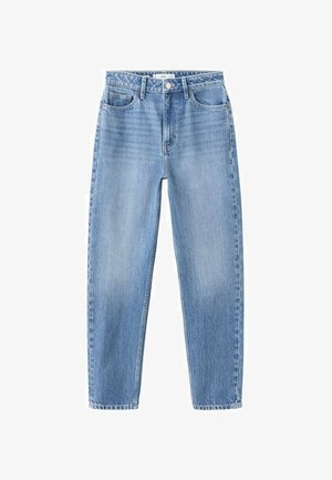 Jean en denim bleu clair avec une coupe droite, taille haute, design à cinq poches et légère décoloration sur tout le tissu. Boutons et coutures visibles.