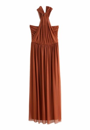 Maxi kleita dziļā rūsas oranžā krāsā, ar savilkta bodice, mezgla siksnām un plūstošu svārku. Izgatavota no viegla, gluda auduma.