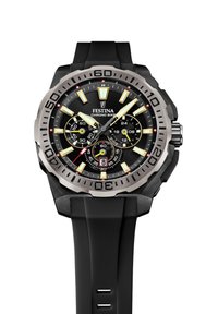 Reloj cronógrafo negro con un bisel de acero inoxidable, acentos amarillos luminosos, una correa de goma negra texturizada y múltiples subesferas.