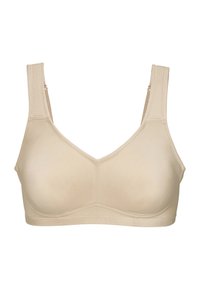 Beige draadloze beha met brede bandjes en een gladde stofoppervlak. Heeft een v-halsontwerp en gevoerde cups voor ondersteuning.