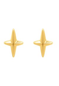 Orecchini a forma di stella dorata con finitura lucida e design angolare, caratterizzati da punte appuntite e texture liscia.