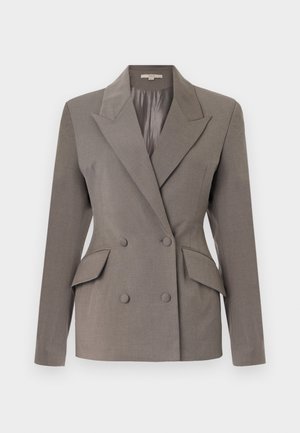 Double-breasted gray blazer with a satin interior, peak lapels, two front pockets, and two button closure. Tailored fit with structured shoulders.