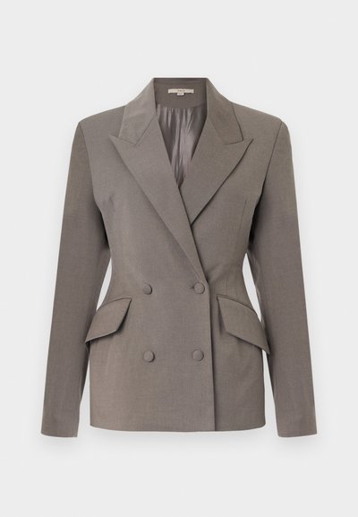 Grau doppelreiher Blazer mit satinierter Innenseite, Reverskragen, zwei Vordertaschen und zwei Knopfverschluss. Taillierter Schnitt mit strukturierten Schultern.