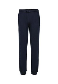 Marineblaue Sweatpants mit elastischem Bund und Kordelzug, mit gerippten Bündchen und einem glatten, Baumwollmischgewebe. Einfaches, gerades Design.