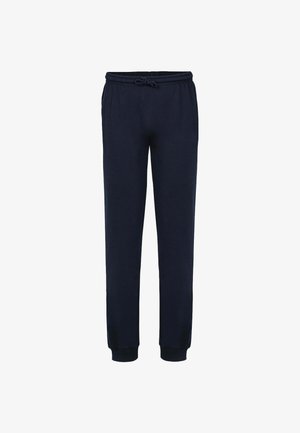 Pantaloni felpati blu navy con vita elastica e cordino, dotati di polsini a costine e un morbido tessuto in misto cotone. Design semplice a gamba dritta.