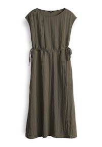 Olivegrünes ärmelloses Kleid mit rundem Ausschnitt, taillierter Taille und Kordelzugdetail. Hergestellt aus strukturiertem, leichtem Stoff.