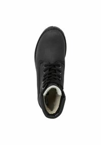 Svart ankelsko med läderöverkropp, rund tå och vadderad krage. Har svarta snören och en mjuk vit foder. Gummisula för bra grepp.