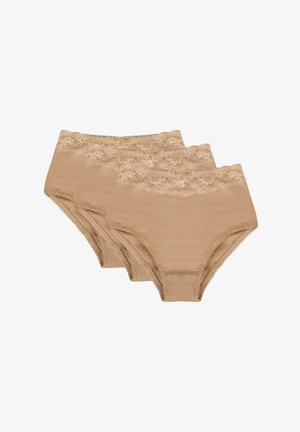 Beige pamut alsónadrág csipkével díszítve, dekoratív masnival a derékon; három pár egymásra helyezve.