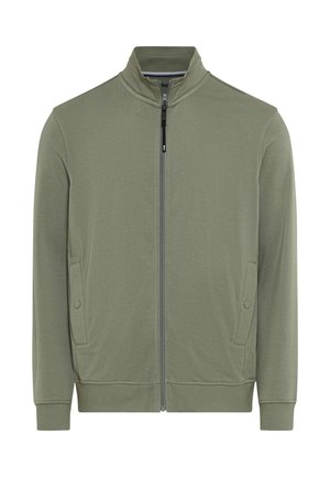 Giacca verde oliva chiaro con cerniera, collo alto, maniche lunghe, tasche laterali con patte e bottoni, polsini e orlo a costine.