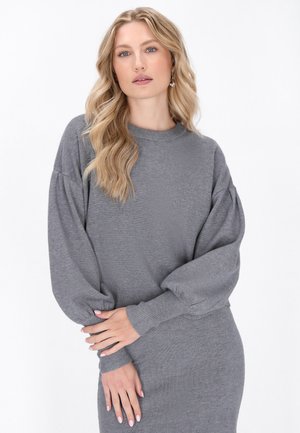 Grauer Pullover mit langen Ballonärmeln und geripptem Saum. Weiches Strickmaterial mit glatter Textur. Einfacher runder Ausschnitt.