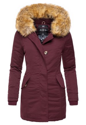 Burgundy knee-length coat with a faux fur hood, two side pockets, a button closure, and ribbed cuffs. Smooth fabric with padded design.
