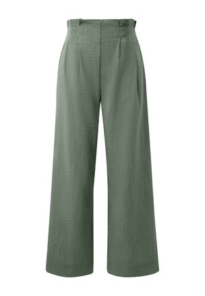 Pantaloni a gamba larga a vita alta in tessuto verde oliva strutturato con pieghe frontali e vita liscia, mostrati su sfondo bianco.
