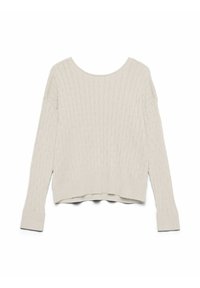 Jasnobeżowy sweter w warkocze z szerokim dekoltem w kształcie litery U i długimi rękawami. Posiada ściągacz na dole oraz mankietach, krótki fason i teksturowany wzór.