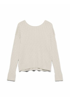 Šviesiai smėlio spalvos megztinis su pintu raštu, plačia apvali iškirpte ir ilgomis rankovėmis. Turi ribbintą apačią ir rankogalius, trumpintą dizainą ir tekstūruotą raštą.