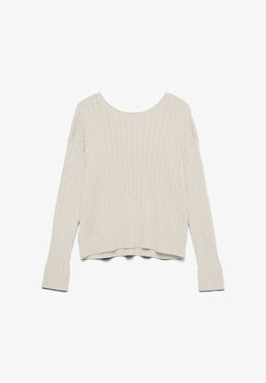 Šviesiai smėlio spalvos megztinis su pintu raštu, plačia apvali iškirpte ir ilgomis rankovėmis. Turi ribbintą apačią ir rankogalius, trumpintą dizainą ir tekstūruotą raštą.