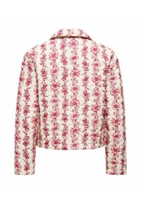 Veste matelassée crème avec des rayures verticales florales roses, manches longues, et un col rabattu, vue de dos.