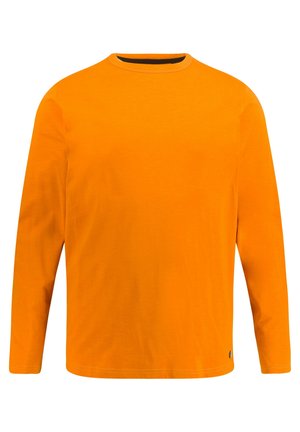 Maglietta a maniche lunghe in cotone arancione brillante, con collo rotondo, colore uniforme e dettagli di cucitura discreti all'orlo e ai polsini.