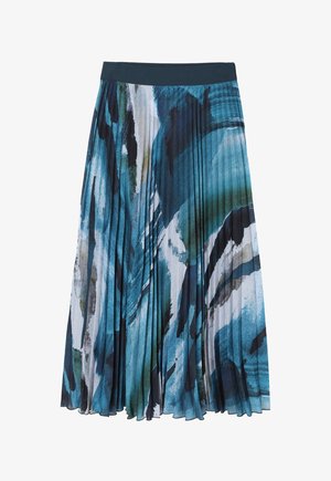Plissé rok met een brede tailleband, met een abstracte aquarelpatroon in blauw, groen en zwart op een lichte achtergrond.