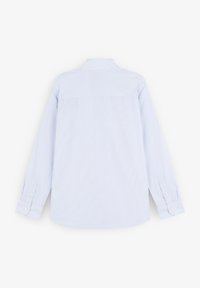 Camicia azzurro chiaro a maniche lunghe con colletto, caratterizzata da sottili strisce verticali e polsini con bottoni. Texture liscia e design su misura.