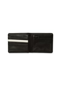 Portefeuille en cuir noir avec une texture lisse, comportant plusieurs emplacements pour cartes, un compartiment zippé et une fenêtre transparente pour l'identité.