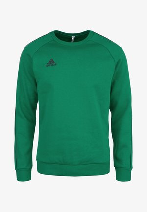 Sweat-shirt vert Adidas à col rond, manches longues et logo Adidas sur la partie supérieure gauche de la poitrine.