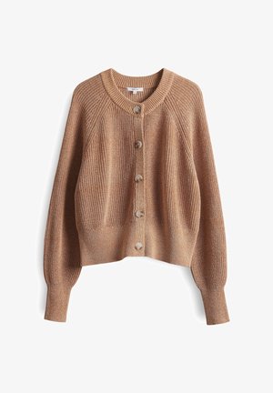 Khaki brown knitted cardigan with a round neck, button front closure, and ribbed cuffs. Features a textured pattern and relaxed fit.