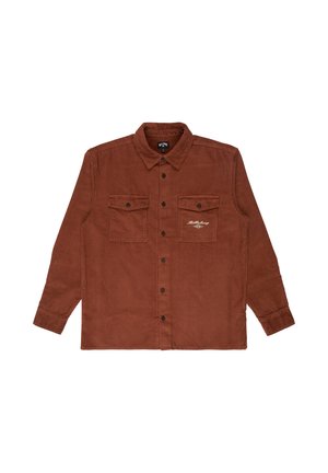 Brown corduroy shirt with a button-up front, two chest pockets, and embroidered logo on the left pocket. Long sleeves with button cuffs.
