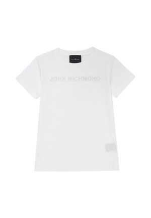 T-shirt bianca in cotone con scollatura rotonda, maniche corte e testo grigio "JOHN RICHMOND" in strass sul davanti, con una toppa grigia sull'orlo.