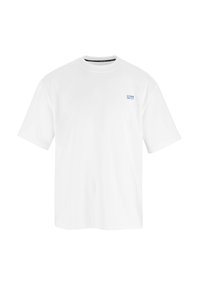 Effen witte T-shirt met korte mouwen en een klein blauw logo "OUTDOOR POOL TIMES" op de linkerkant van de borst.